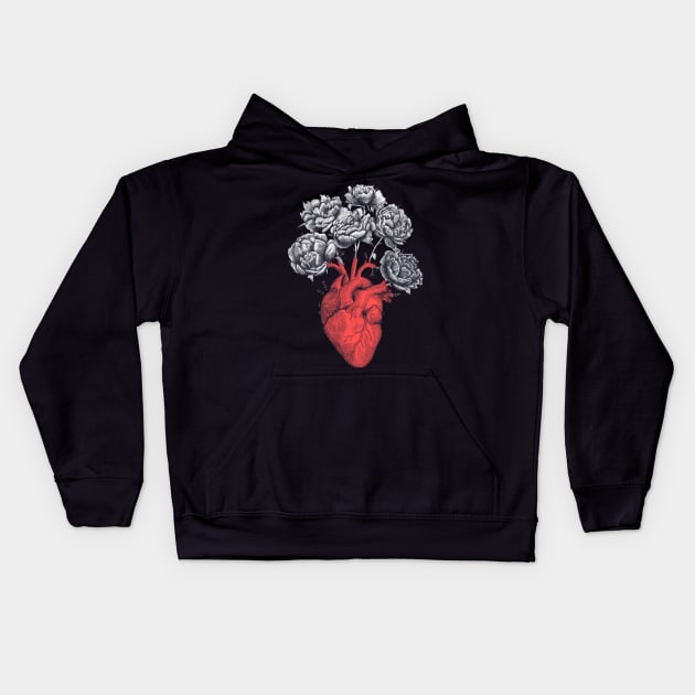 Heart with peonies Kids Hoodie by kodamorkovkart